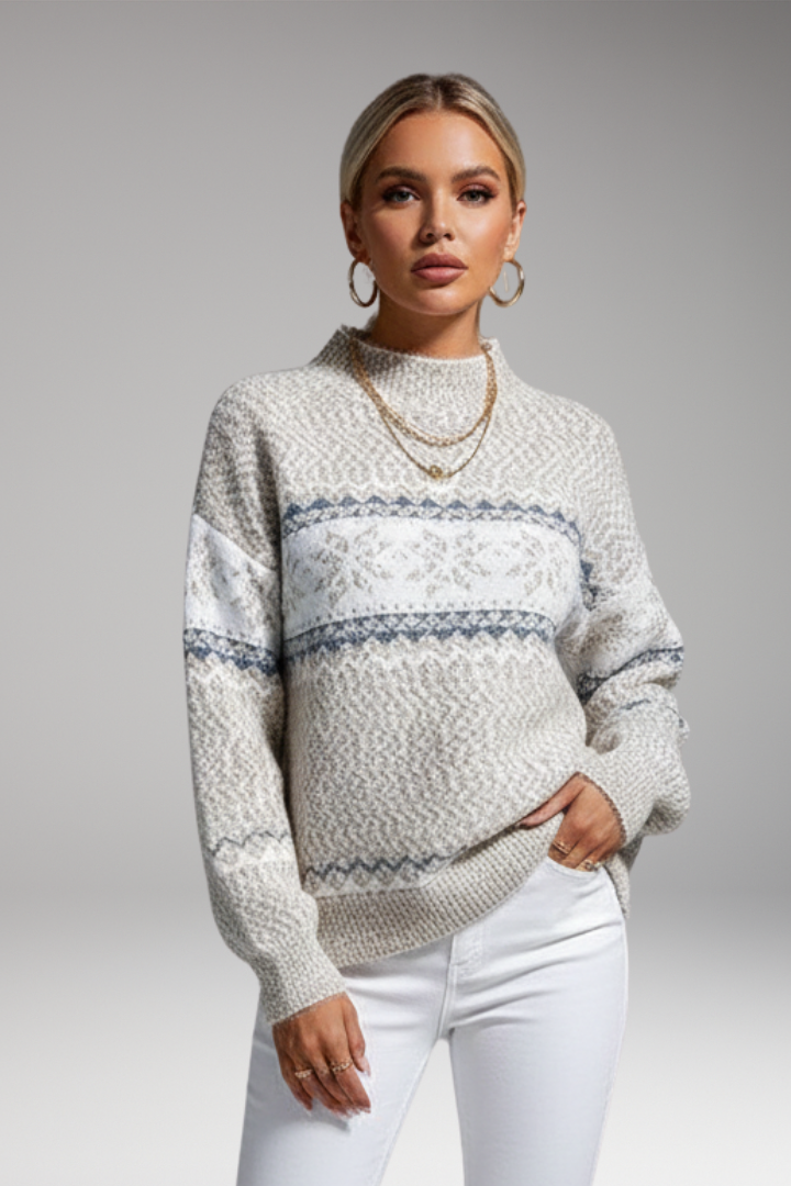 Women's Pullover Sweater with Mock Neck and Ribbed Edges