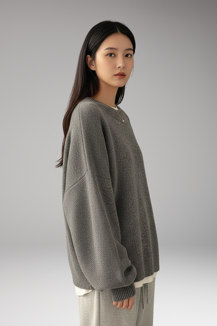 Women's Pullover Top with Round Neck and Split Hem