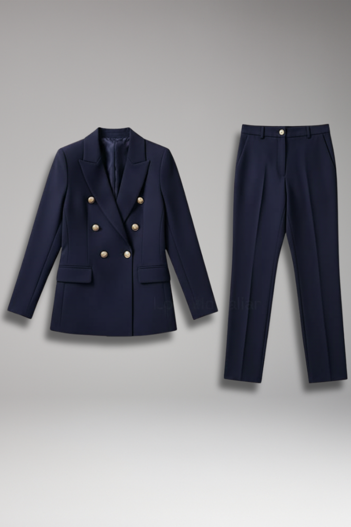 Women's Suit Set with Two-Row Button Blazer and Straight-Leg Pants