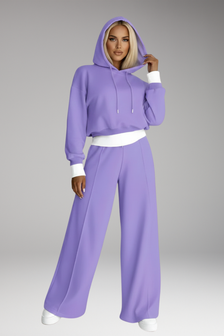 Women's Tracksuit Set with Drawstring Hoodie and Wide-Leg Pants