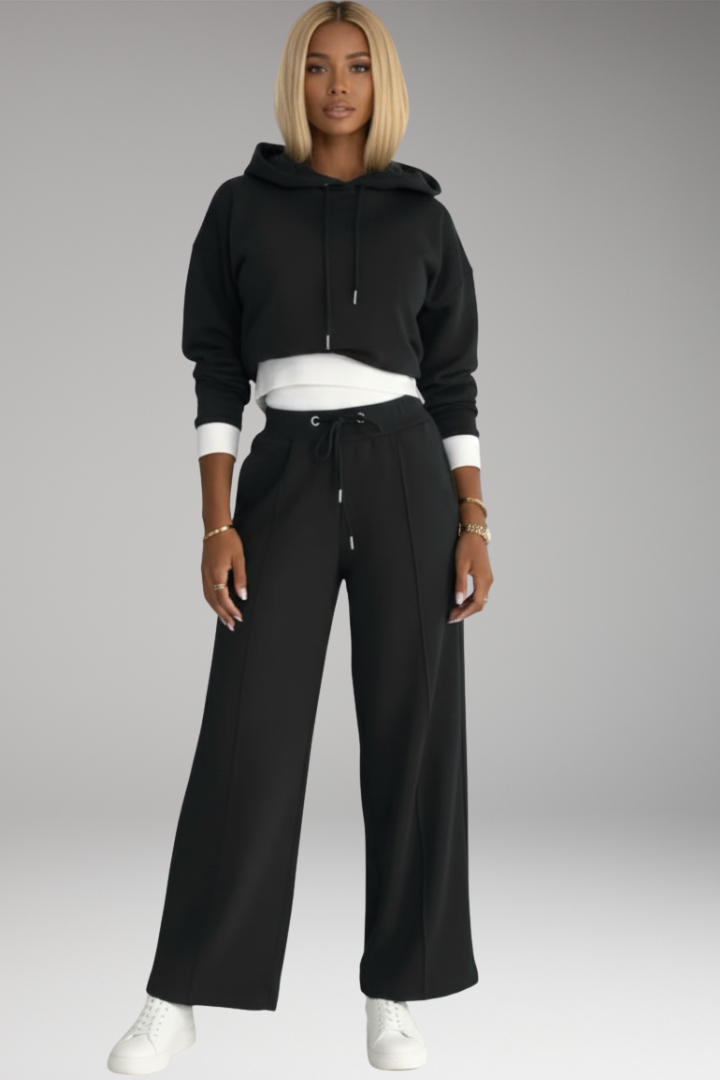 Women's Tracksuit Set with Drawstring Hoodie and Wide-Leg Pants