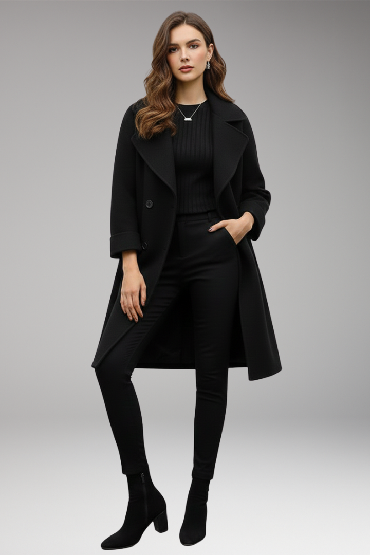 Women's Trench Coat with Notched Lapel and Front Button Design