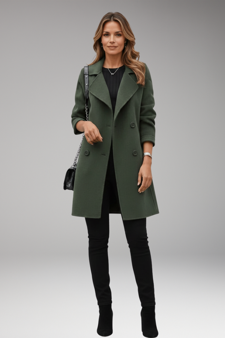 Women's Trench Coat with Notched Lapel and Front Button Design