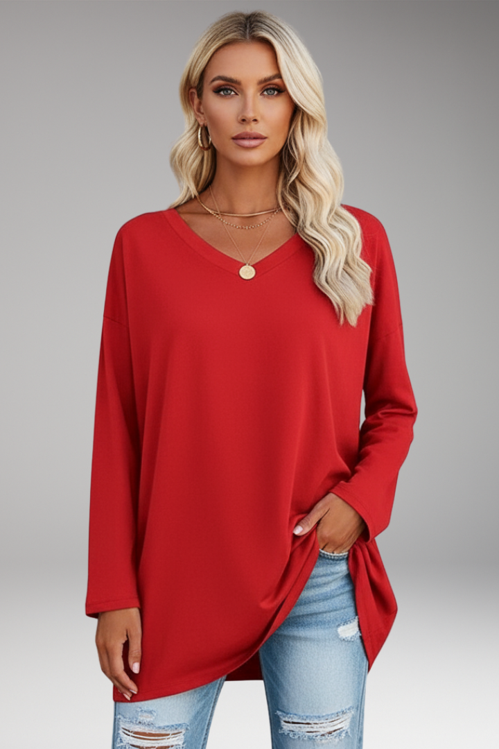 Women's Tunic Top with V-Neckline and Long Sleeves