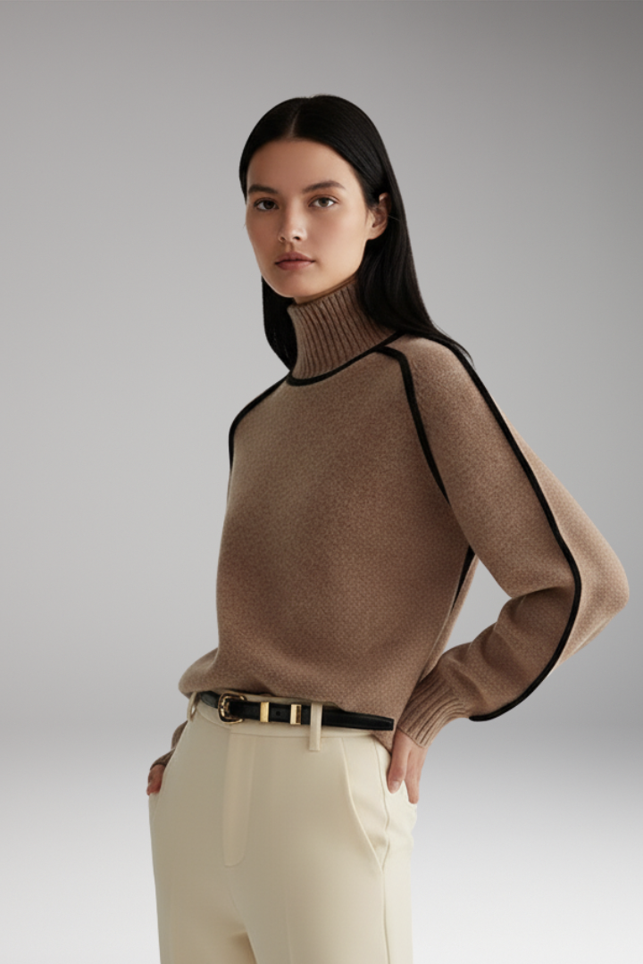 Women's Turtleneck Sweater with High Collar and Piping Detail