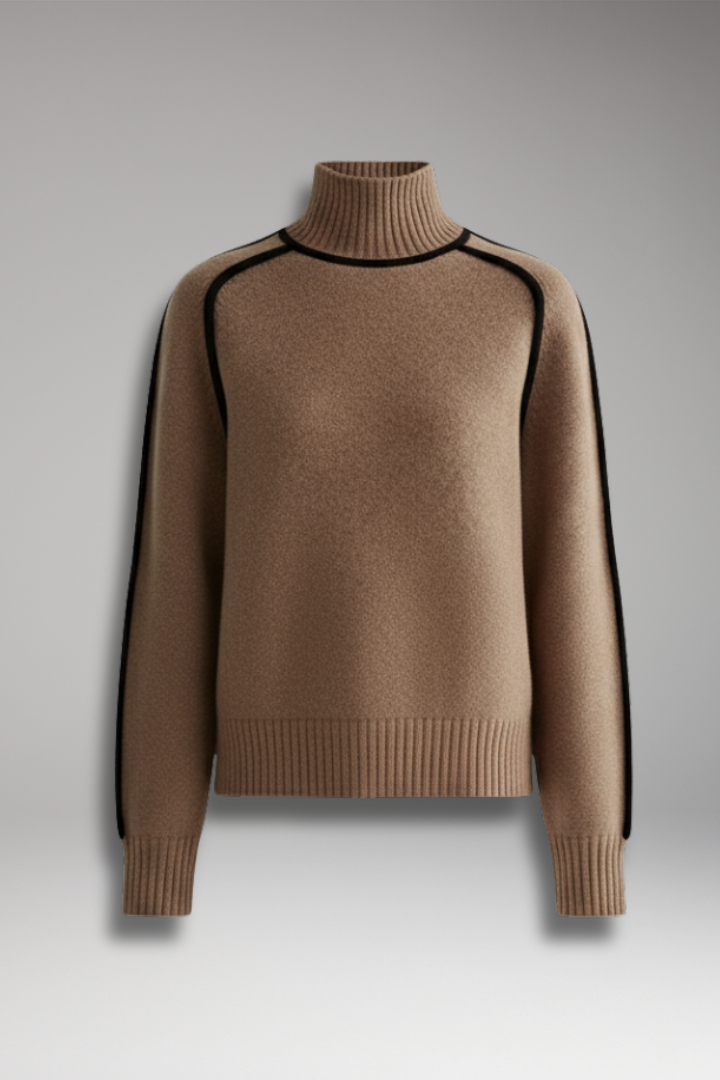 Women's Turtleneck Sweater with High Collar and Piping Detail