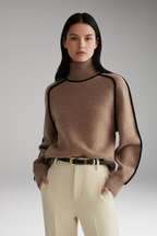 Women's Turtleneck Sweater with High Collar and Piping Detail