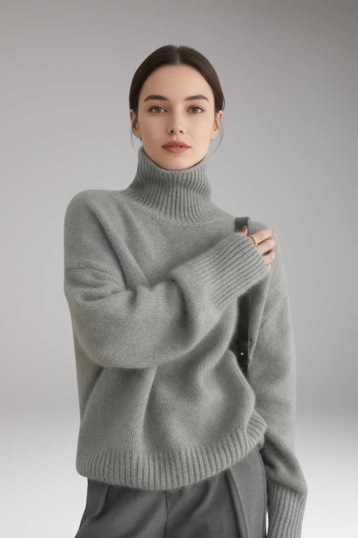 Women's Turtleneck Sweater with Long Sleeves and Ribbed Hem
