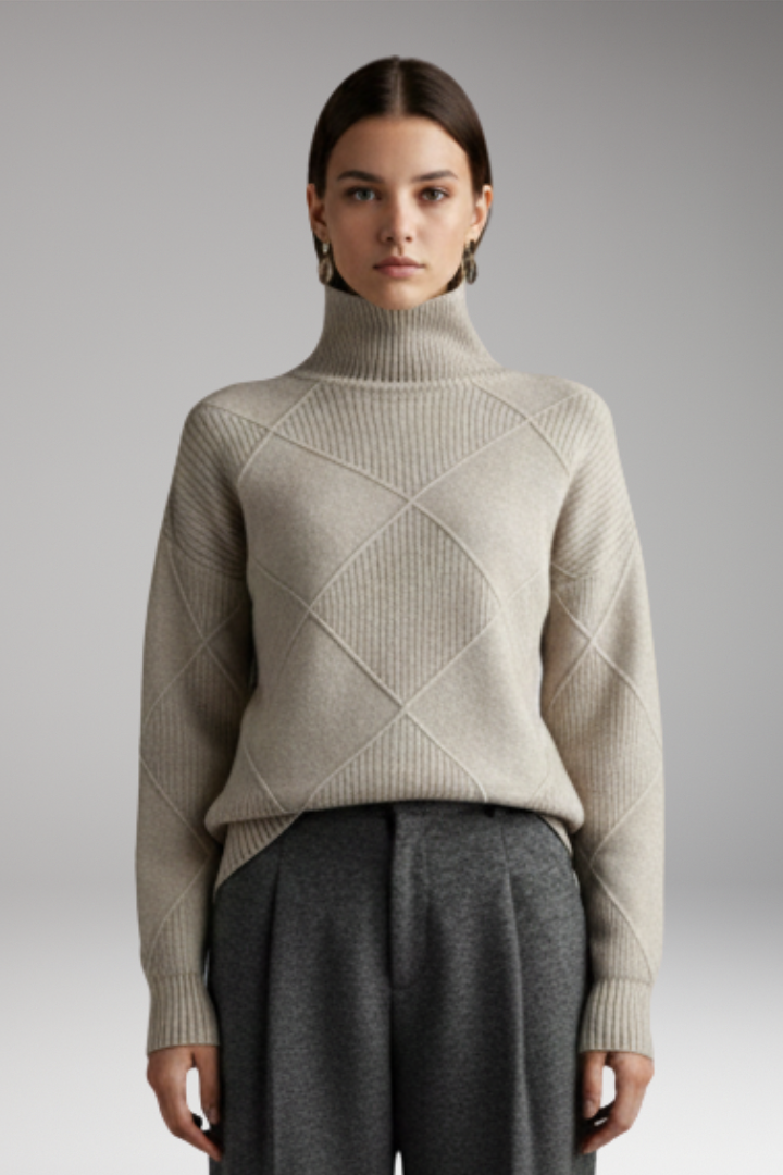Women's Turtleneck Sweater with Ribbed Cuffs and Textured Knit
