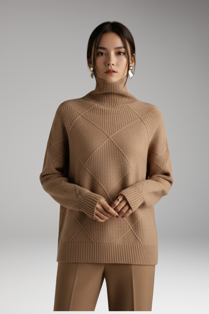 Women's Turtleneck Sweater with Ribbed Cuffs and Textured Knit