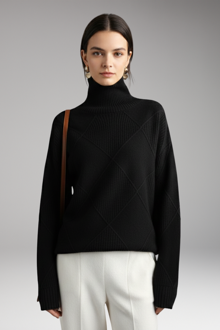 Women's Turtleneck Sweater with Ribbed Cuffs and Textured Knit