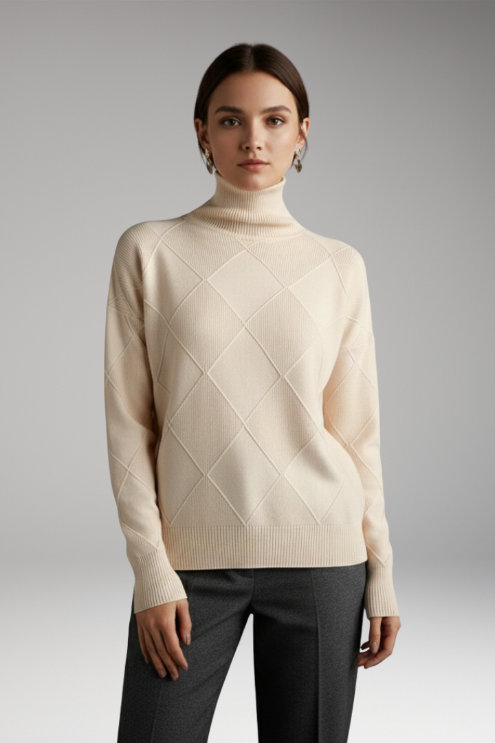 Women's Turtleneck Sweater with Ribbed Cuffs and Textured Knit