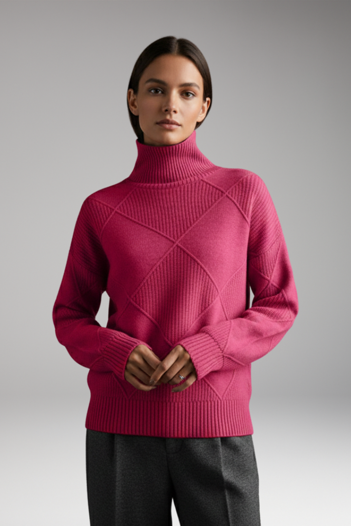 Women's Turtleneck Sweater with Ribbed Cuffs and Textured Knit