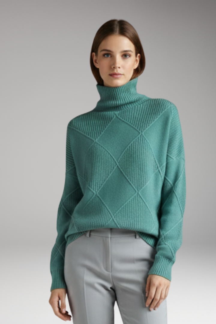 Women's Turtleneck Sweater with Ribbed Cuffs and Textured Knit