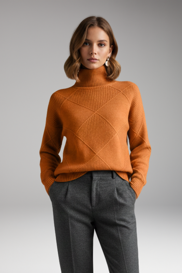 Women's Turtleneck Sweater with Ribbed Cuffs and Textured Knit