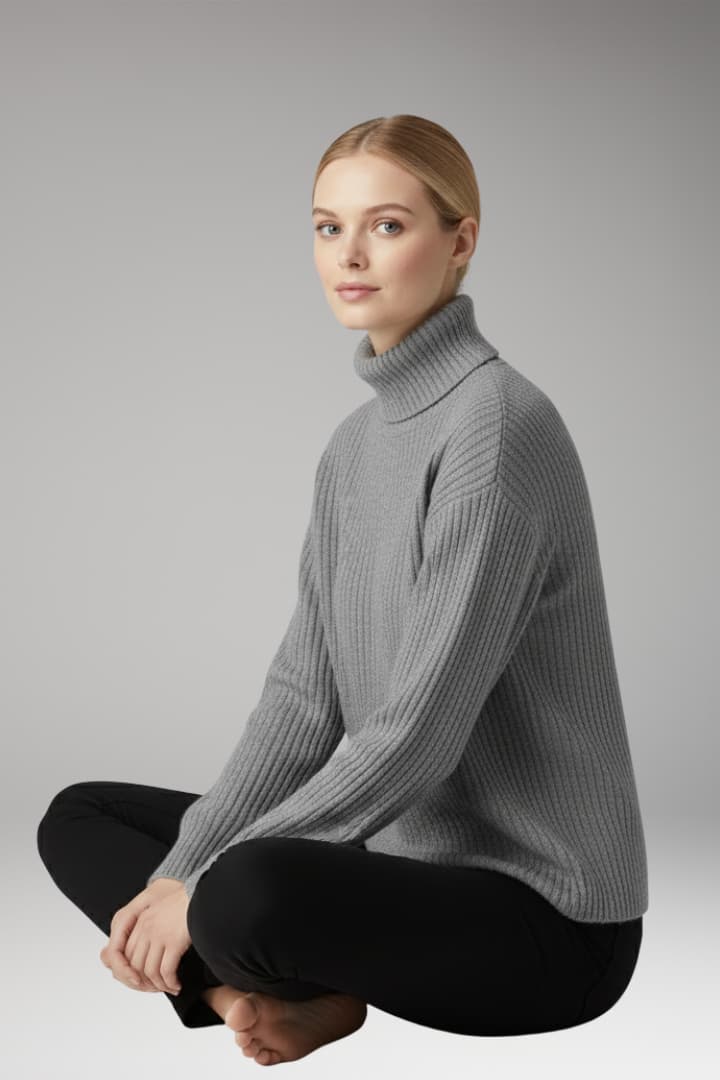 Women's Turtleneck Sweater with Ribbed Neckline and Long Sleeves