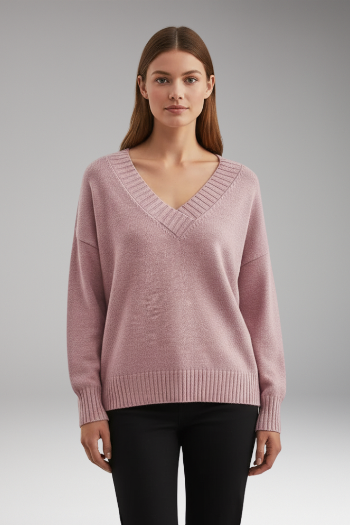 Women's V-Neck Sweater with Ribbed Trim and Knit Design