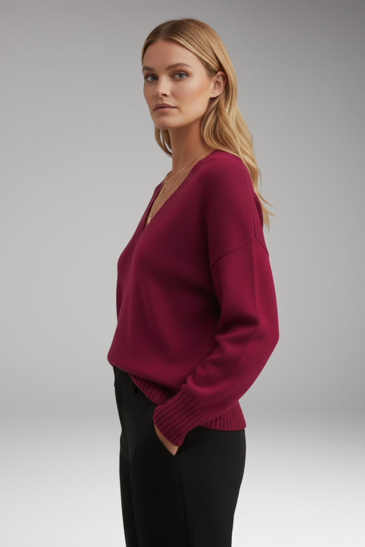 Women's V-Neck Sweater with Ribbed Trim and Knit Design
