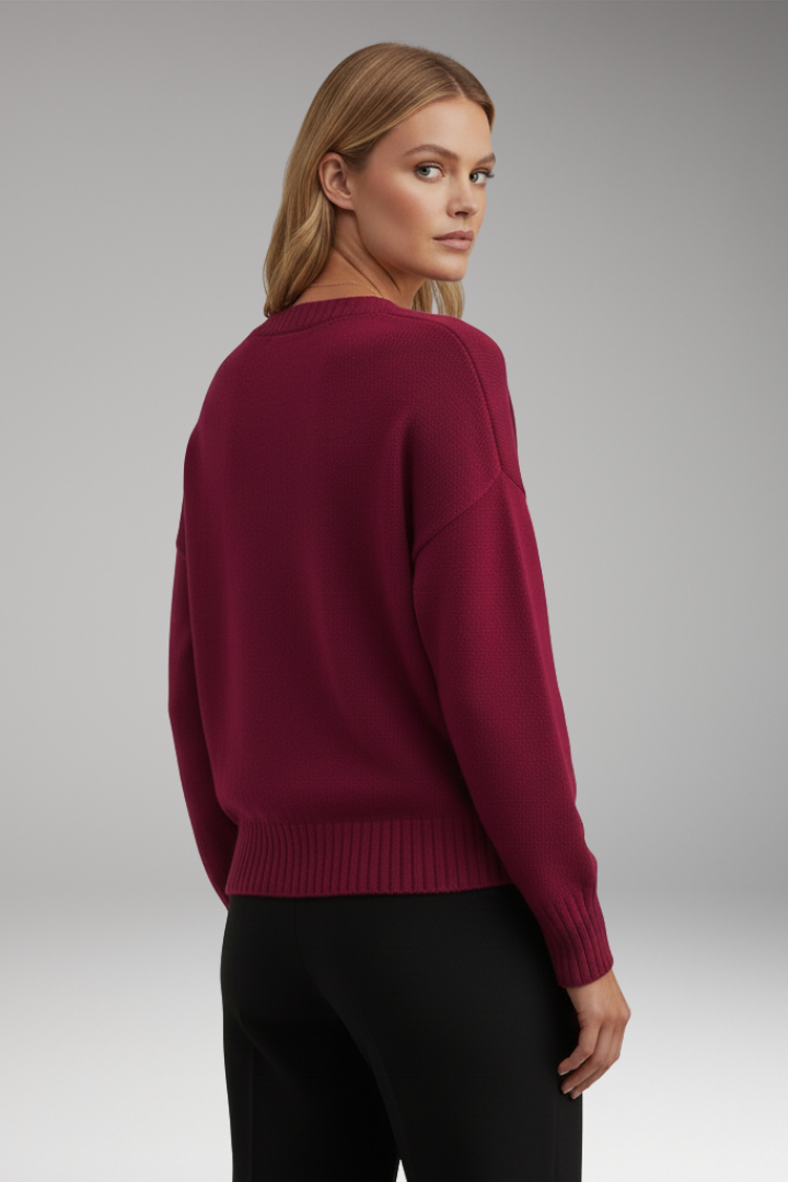 Women's V-Neck Sweater with Ribbed Trim and Knit Design