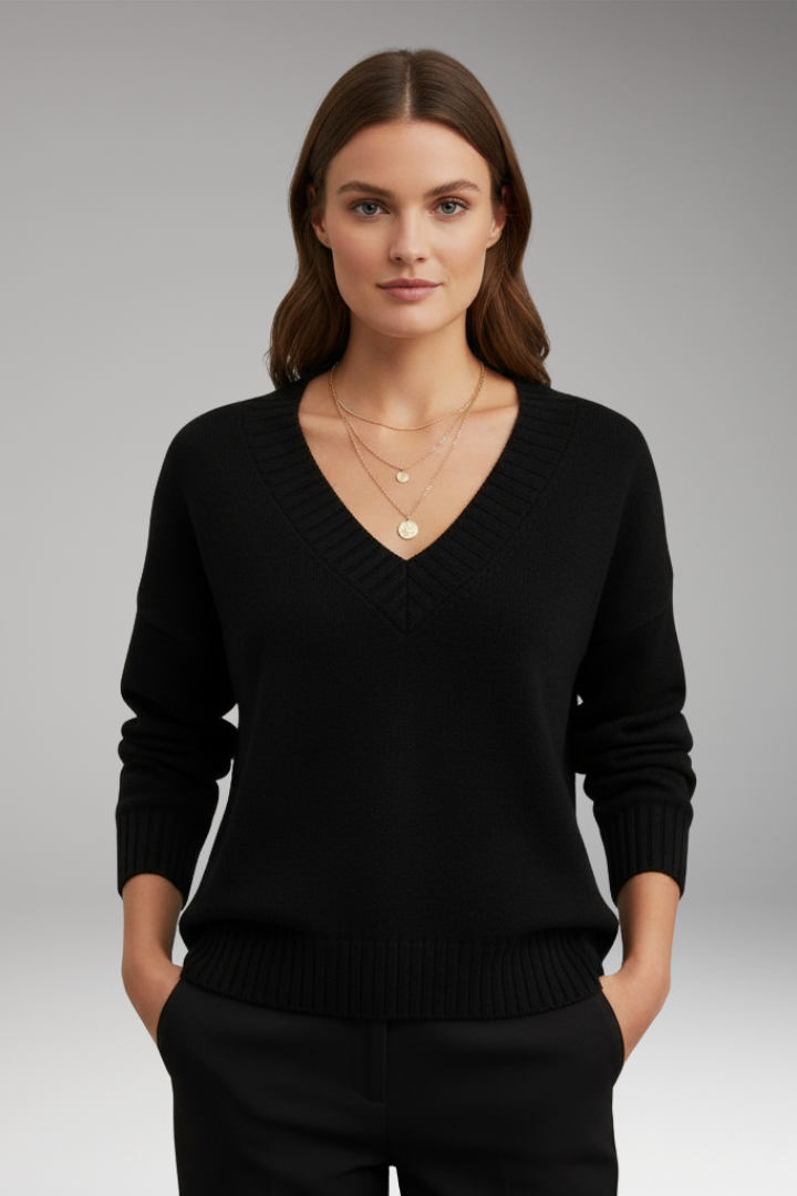 Women's V-Neck Sweater with Ribbed Trim and Knit Design