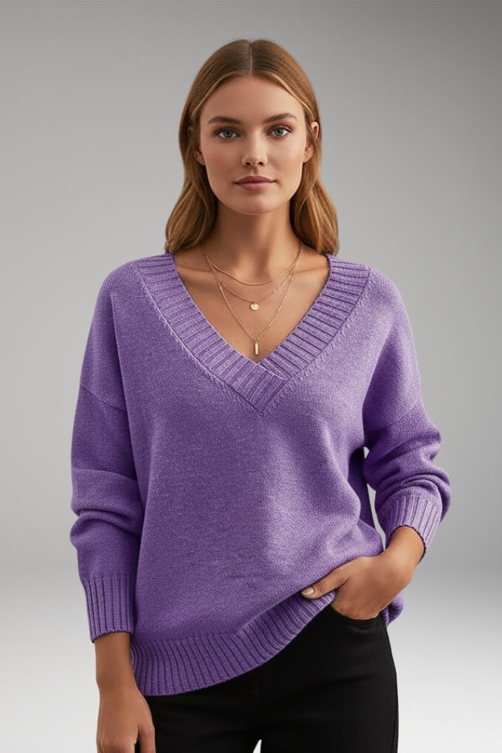 Women's V-Neck Sweater with Ribbed Trim and Knit Design