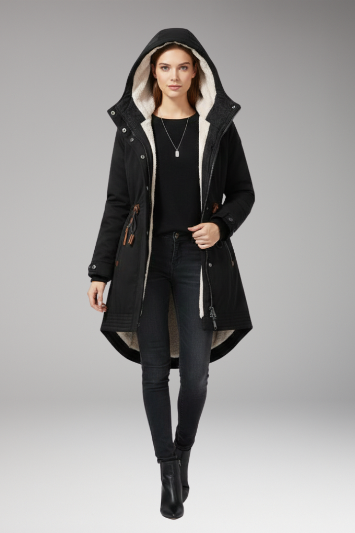 Women's parka with lined hood and adjustable waist