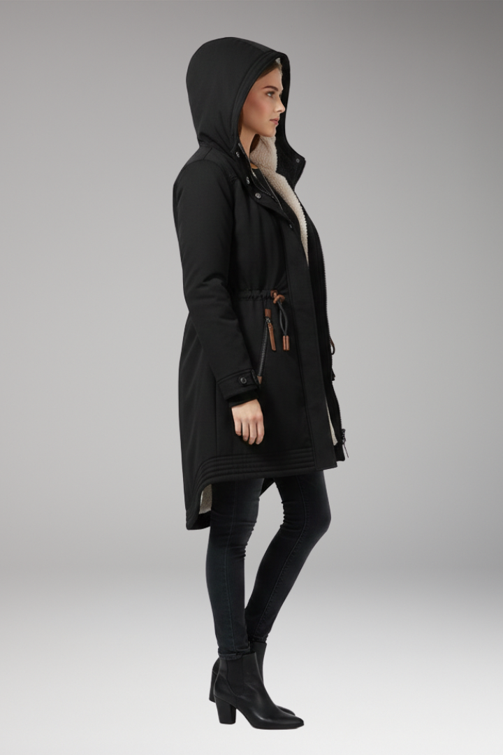 Women's parka with lined hood and adjustable waist