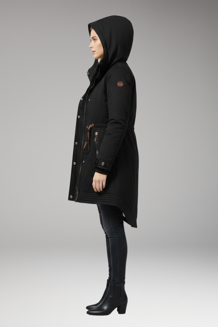 Women's parka with lined hood and adjustable waist