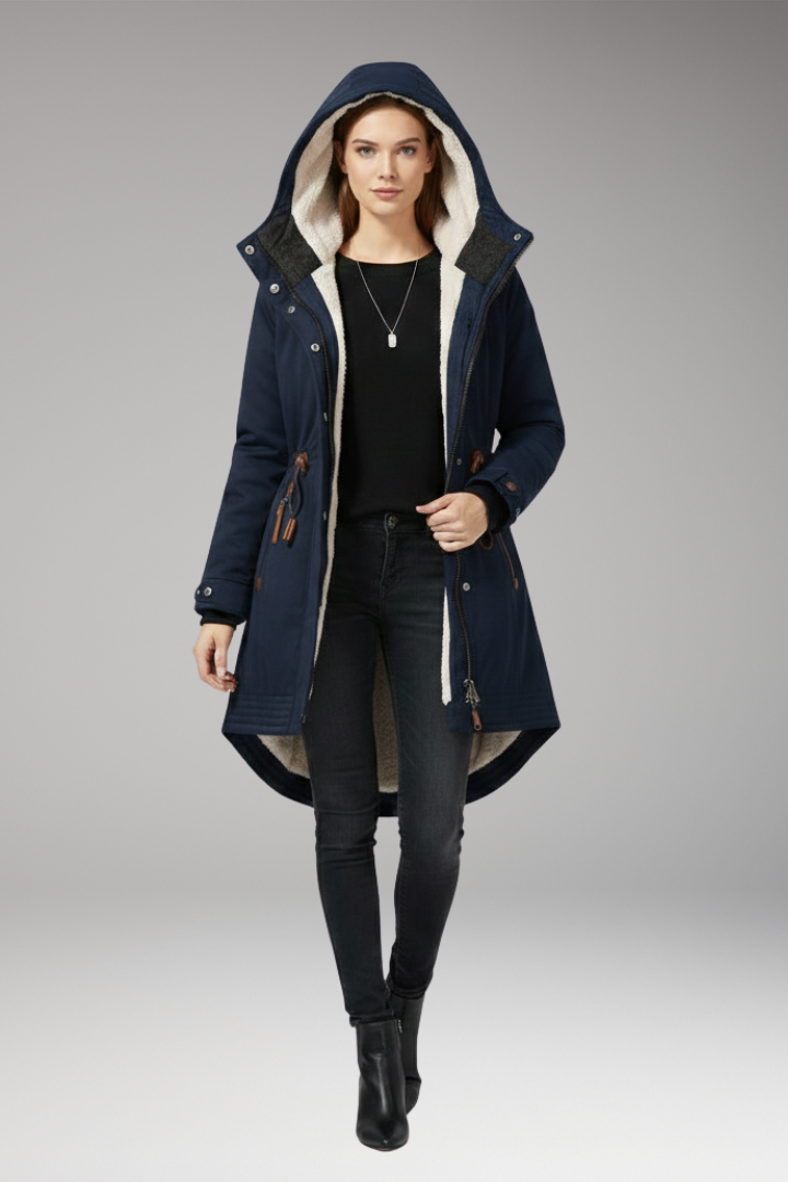 Women's parka with lined hood and adjustable waist