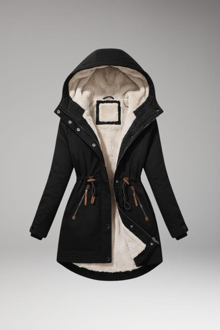 Women's parka with lined hood and adjustable waist