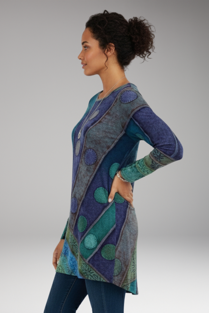 Women's tunic top with Round Neckline and Patchwork Pattern