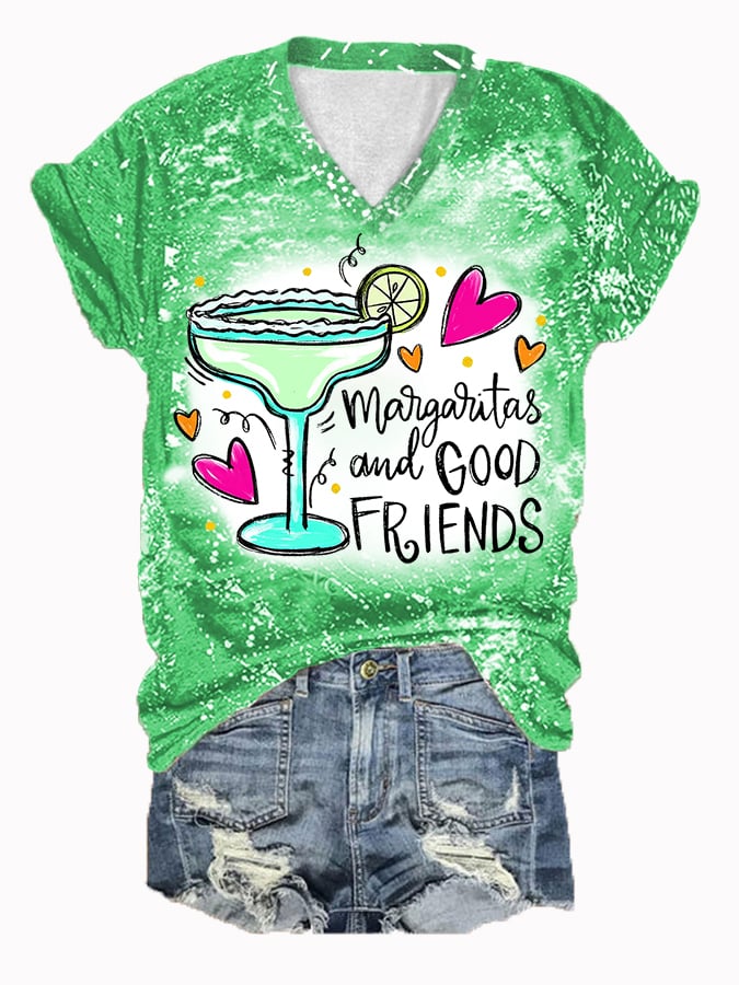 T-shirt décontracté à col en V imprimé « Margaritas et bons amis » pour femmes, style Cinco de Mayo 