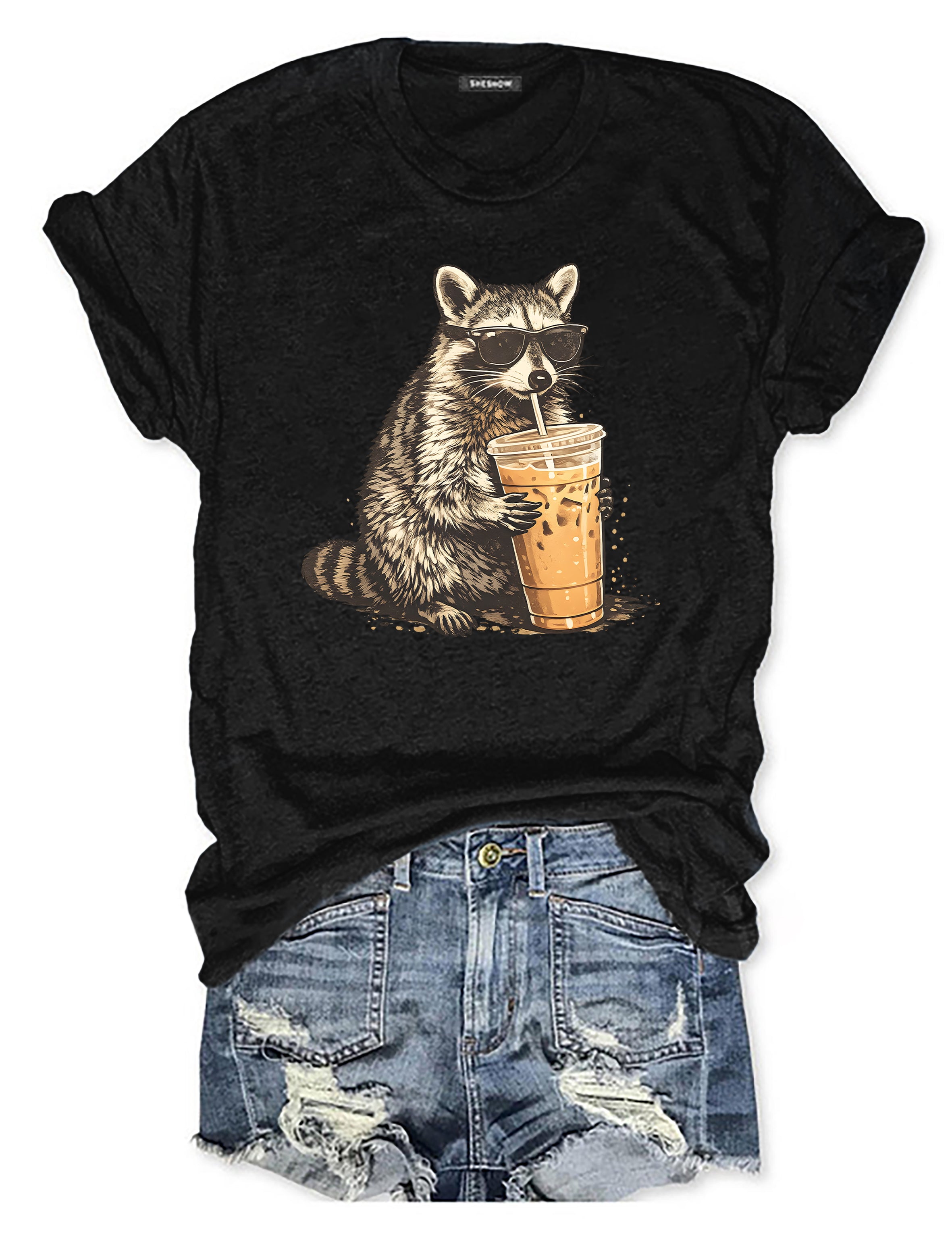 T-shirt graphique humoristique Raton laveur Café glacé T-shirt animalier 