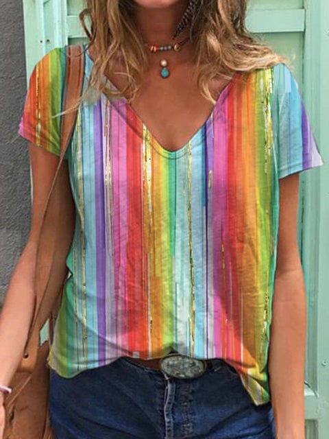 T-shirt à col en V arc-en-ciel lumineux et coloré pour femmes 