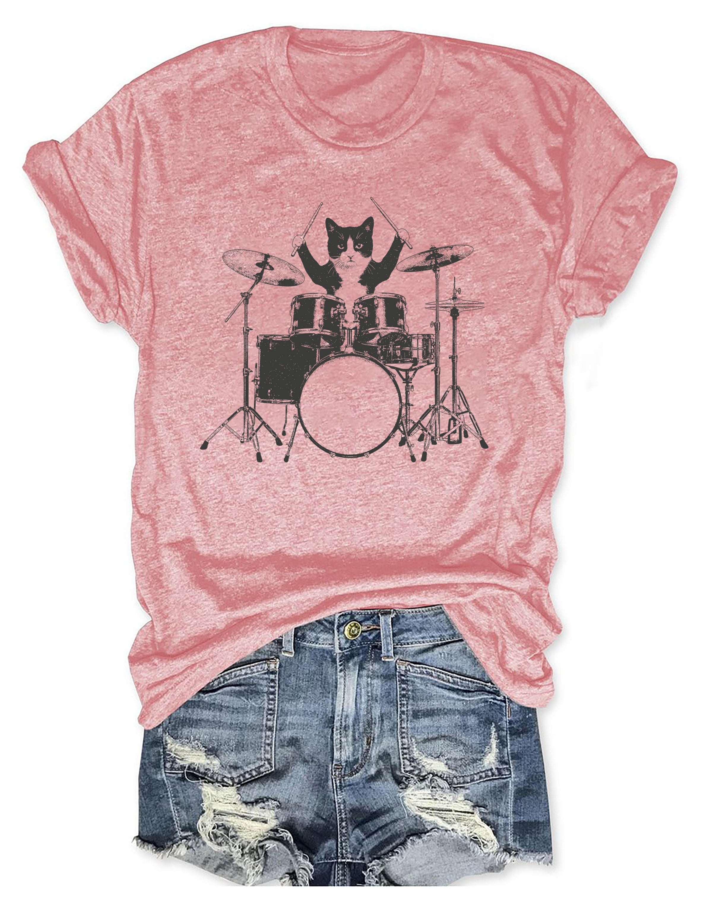 T-shirt graphique humoristique avec un chat jouant de la batterie - T-shirt humoristique pour animaux 