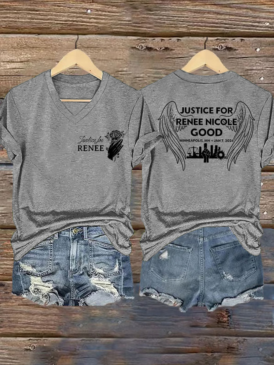 T-shirt à col en V « Justice pour les femmes » pour Renee Nicole Good 