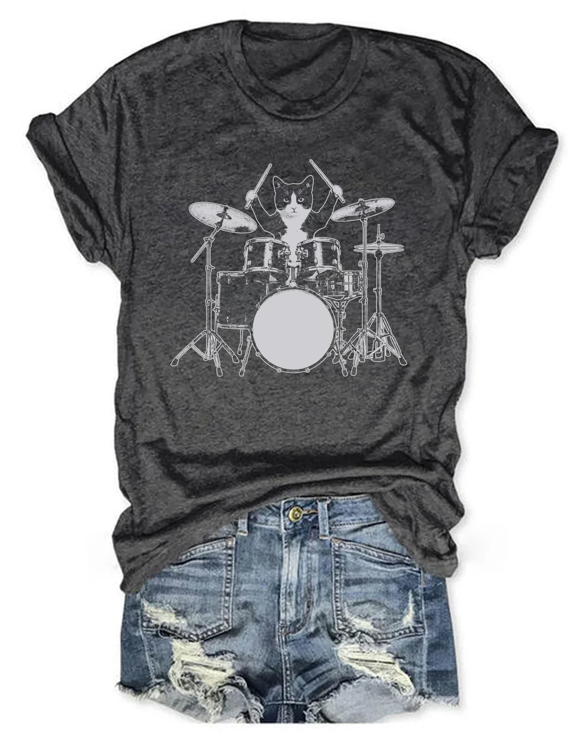 T-shirt graphique humoristique avec un chat jouant de la batterie - T-shirt humoristique pour animaux 