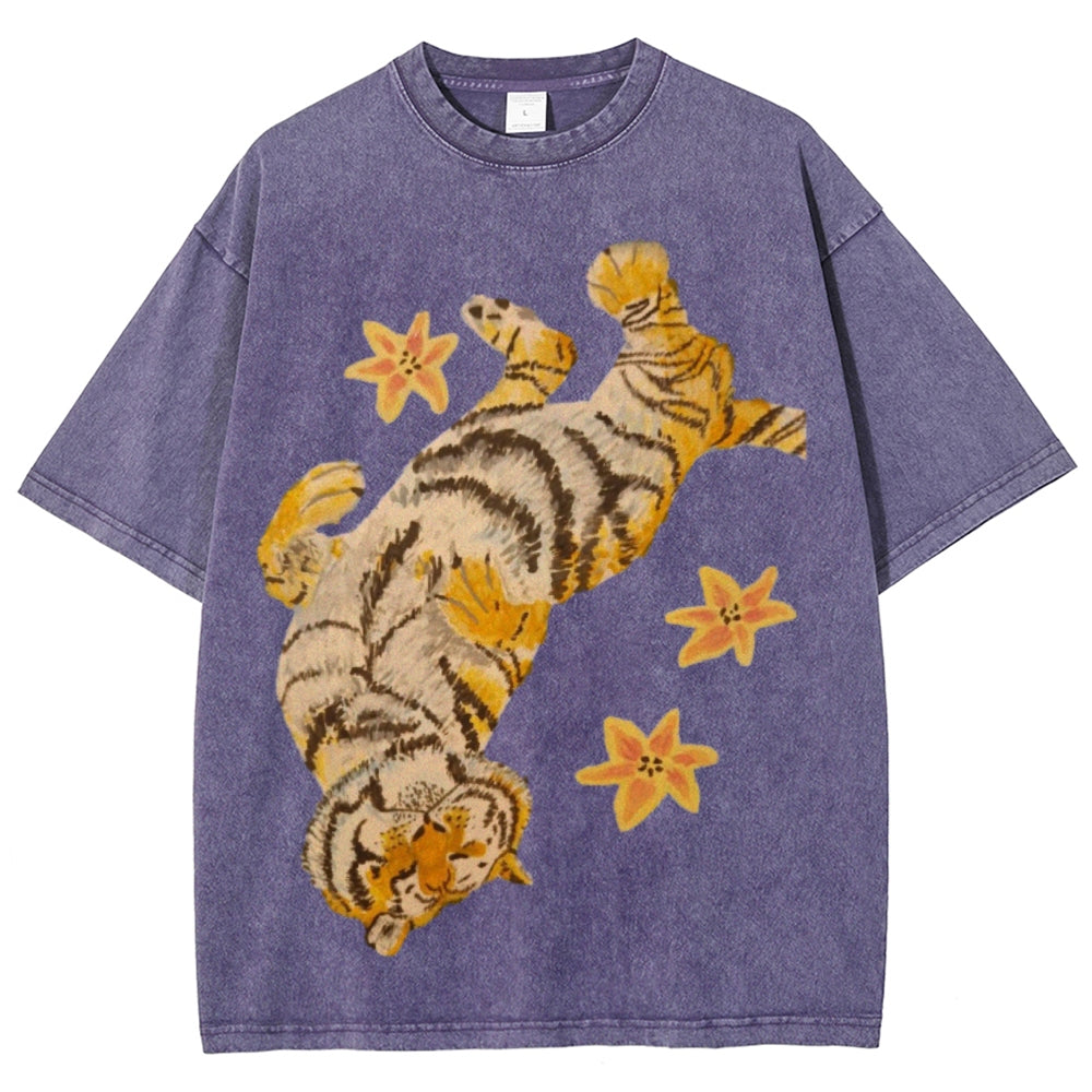 T-shirt unisexe vintage délavé Lazy Tiger 