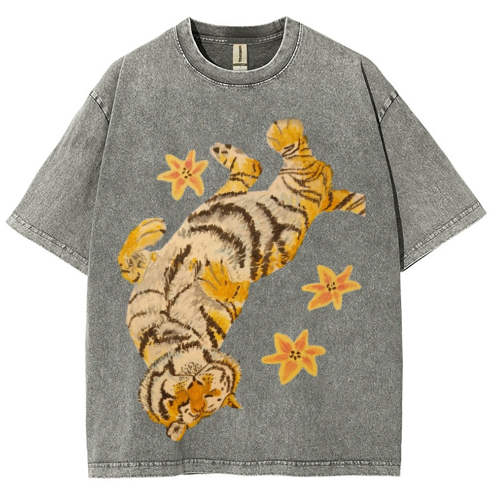 T-shirt unisexe vintage délavé Lazy Tiger 
