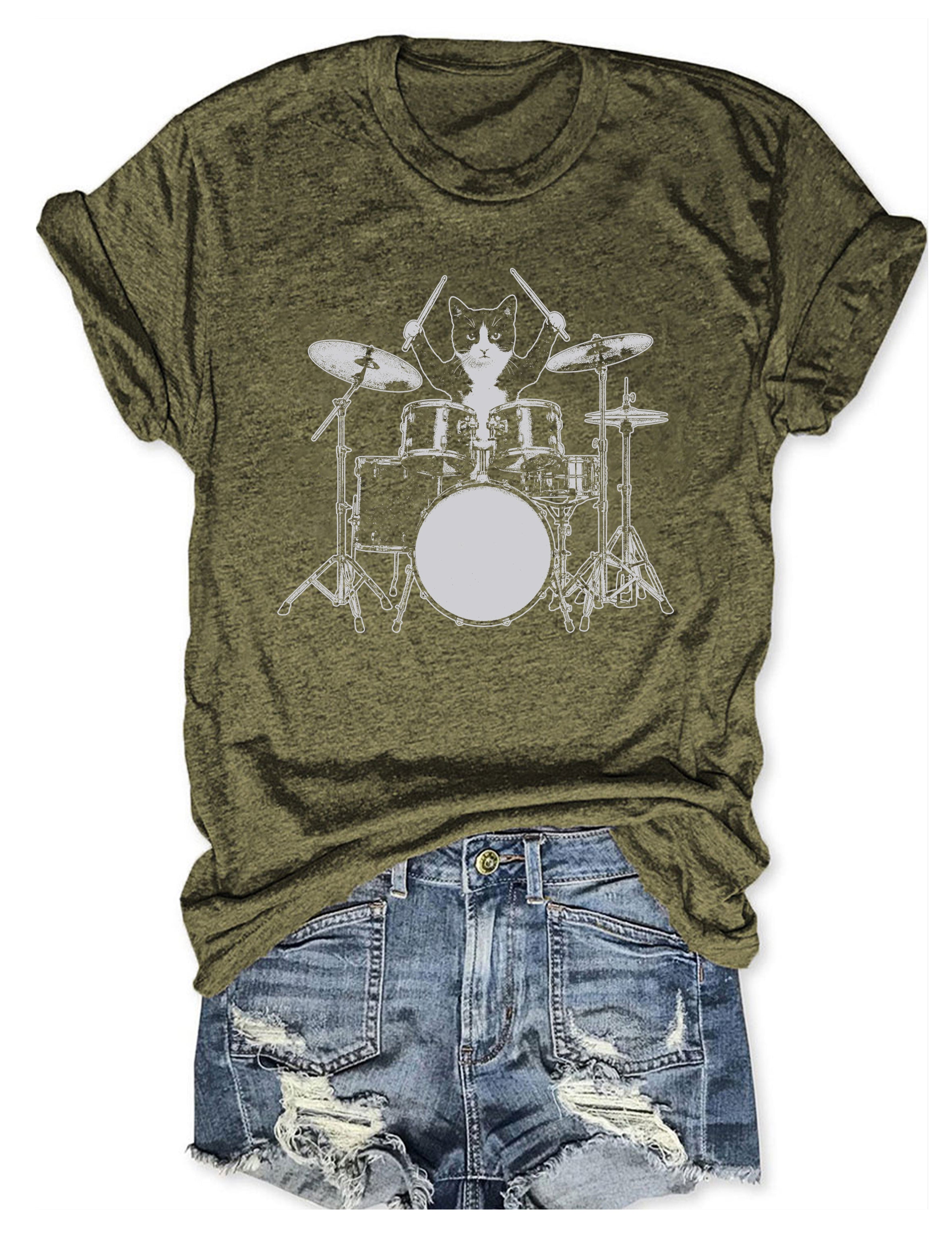 T-shirt graphique humoristique avec un chat jouant de la batterie - T-shirt humoristique pour animaux 