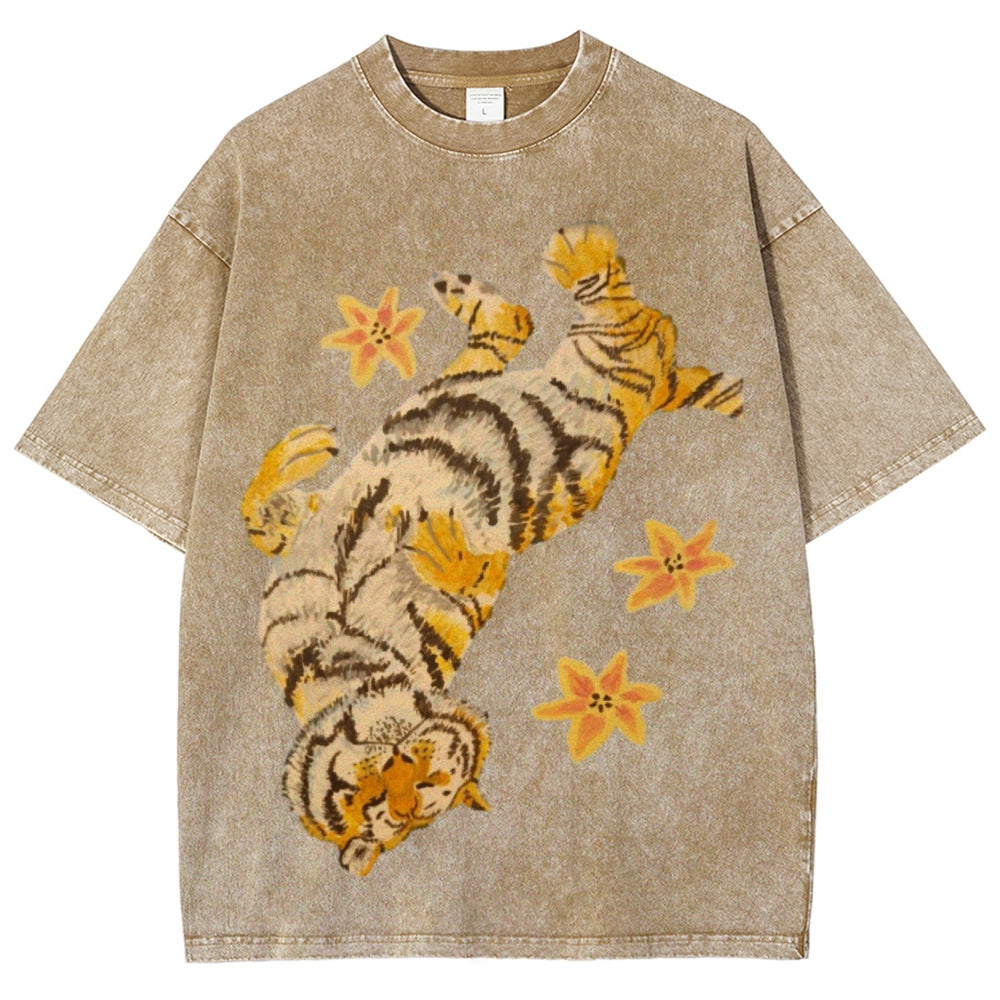 T-shirt unisexe vintage délavé Lazy Tiger 