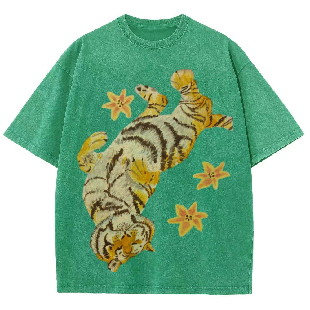 T-shirt unisexe vintage délavé Lazy Tiger 