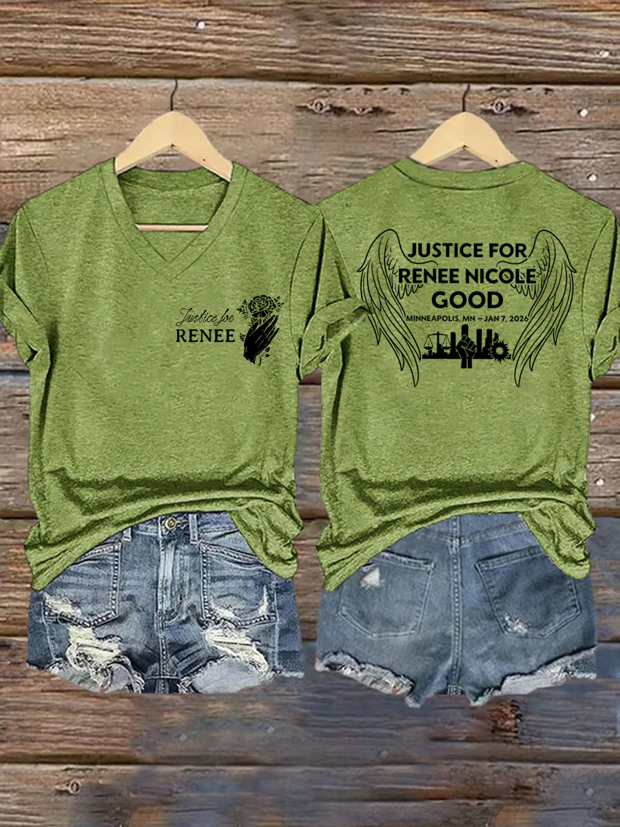 T-shirt à col en V « Justice pour les femmes » pour Renee Nicole Good 