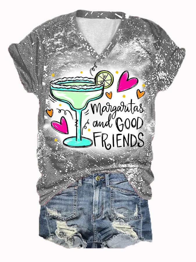 T-shirt décontracté à col en V imprimé « Margaritas et bons amis » pour femmes, style Cinco de Mayo 