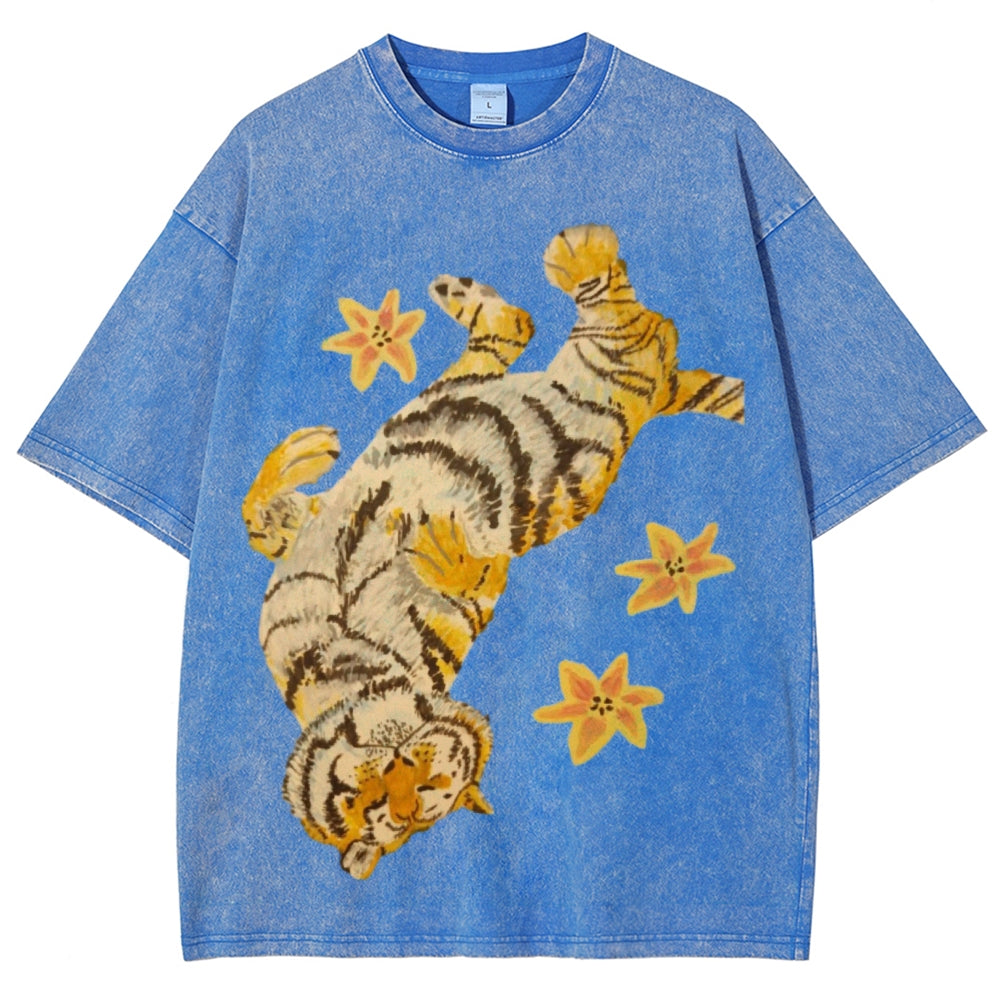 T-shirt unisexe vintage délavé Lazy Tiger 