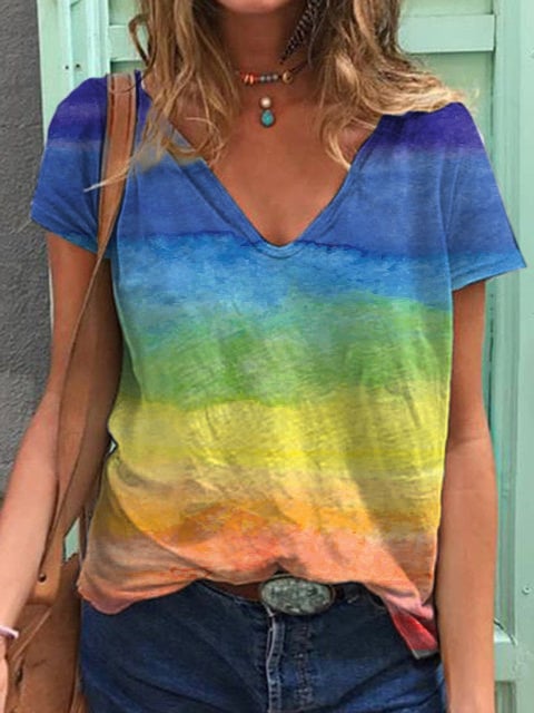 T-shirt à col en V arc-en-ciel lumineux et coloré pour femmes 