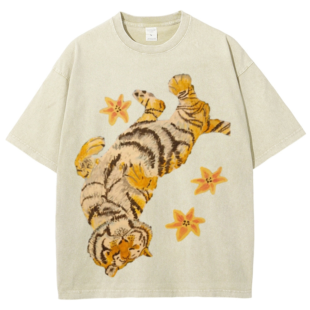 T-shirt unisexe vintage délavé Lazy Tiger 
